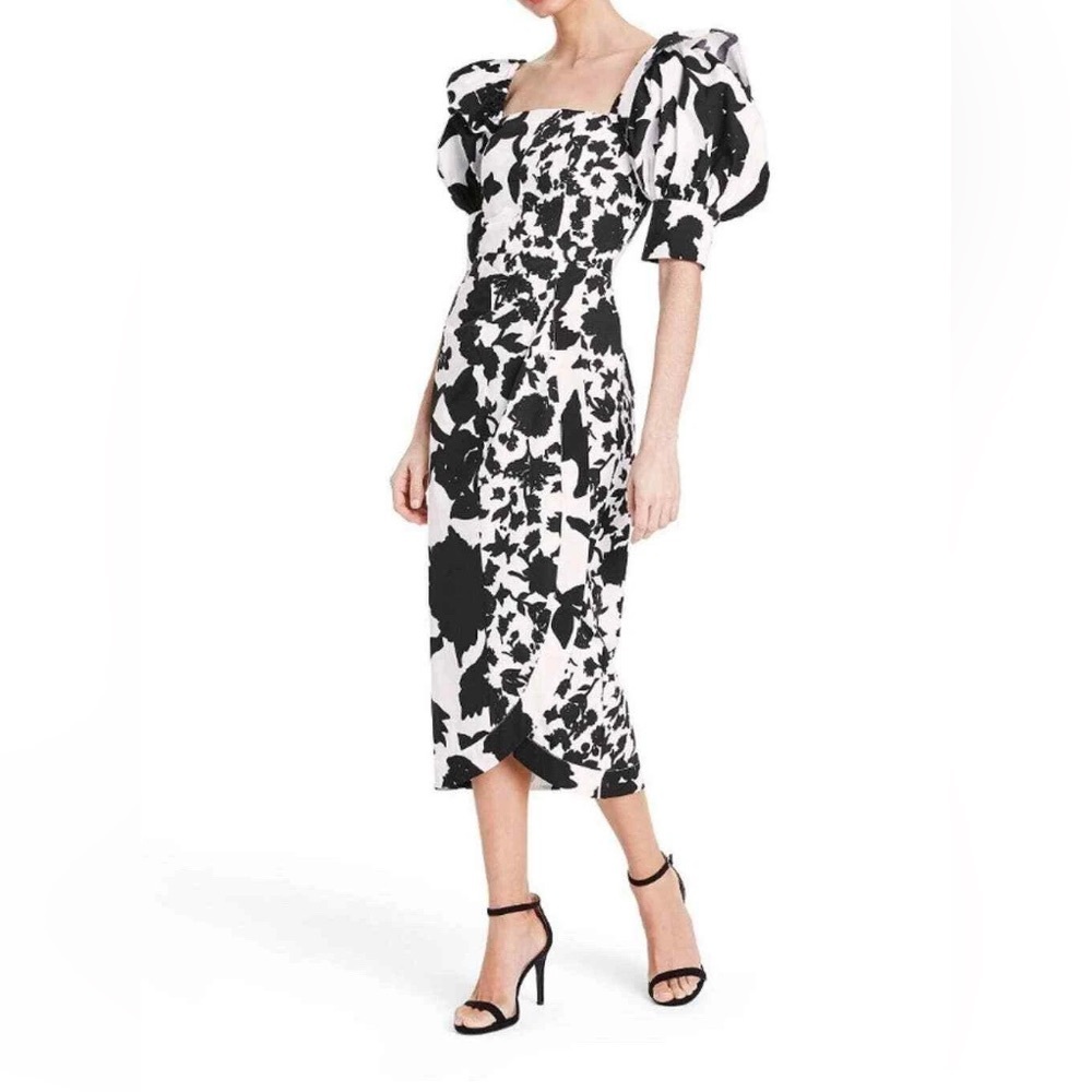 Christopher John Rogers x Target Black White Floral Puff Sleeves Midi Dress